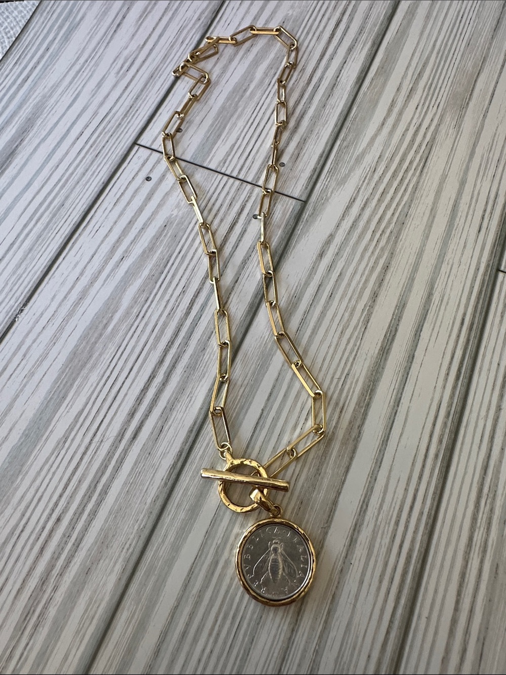 Bellezza 2 Lira Bee Coin Toggle 18k Gold Plated Necklace